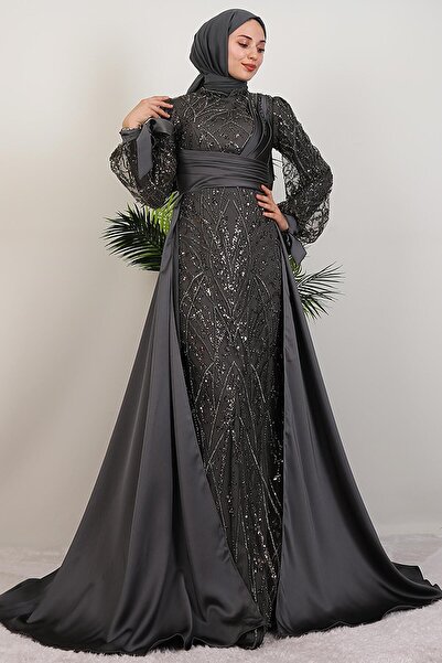 GİYZAMİLA Βραδινό φόρεμα Bera İşleme σε σκούρο γκρι