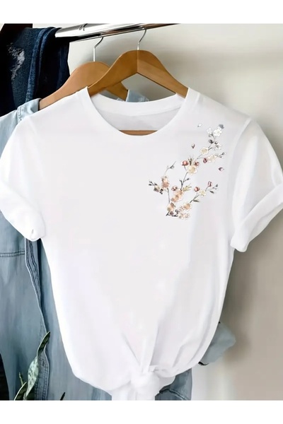 FUFLUNS تي شيرت برقبة دائرية كبيرة الحجم مطبوع عليه زهرة دالي