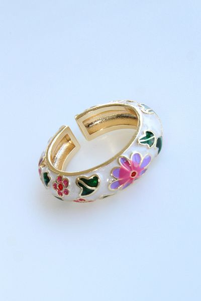 Leo'Stone Premium Series Multi Color Flower Pattern Enamel Adjustable Women's Steel Ring