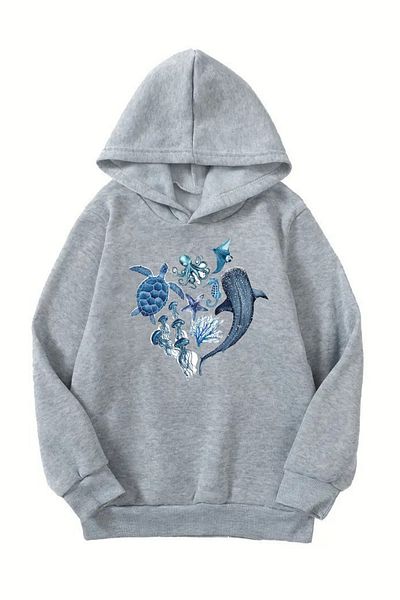 CLAYES Unisex γκρι παιδικό φούτερ με κουκούλα – Ζωάκια της θάλασσας με στάμπα, χοντρό ύφασμα