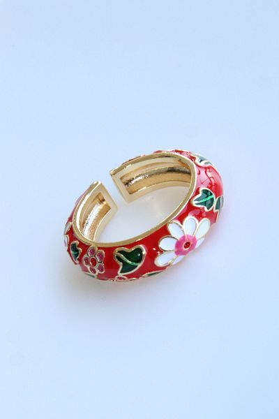 Leo'Stone Premium Series Multi Color Flower Pattern Enamel Adjustable Women's Steel Ring