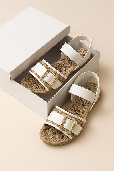 StWenn Gold Buckle Straw Strap Women's Sandals Daily Stylish Use and Beach Sandals