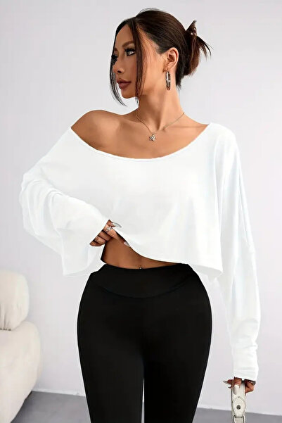 COOL TARZ White Women's Off Shoulder Boat Neck Oversize Long Sleeve Crop T-Shirt