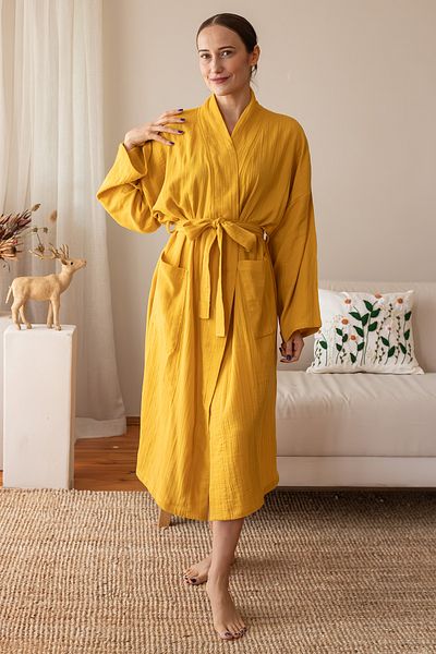 vivamaison Halat de baie kimono unisex din muselină țesută 100% bumbac, țesătură respirabilă și ușoară