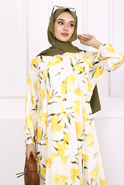 İmajButik Κίτρινο φόρεμα με μοτίβο με μισό κουμπί