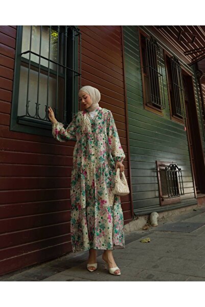 Butik tesettür mango kumaş çiçek detaylı elbise
