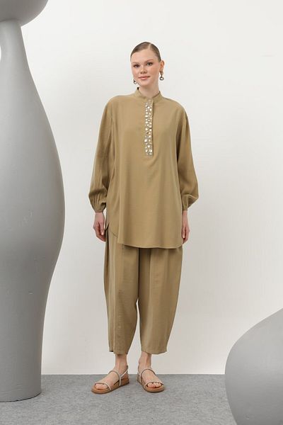 Puane Women's Hijab Cotton Mussel Embroidered Double Suit