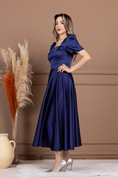 BEYBOS Saten Kumaş Kare Yaka Balon Kol Midi Elbise - LACİVERT