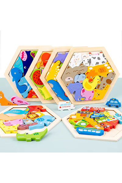 OEM Puzzle cu forme din lemn educational pentru copii, model animale ferma, 10 piese, 16.5 x 18.5 cm