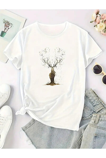 FUFLUNS Oversize Circle Neck T-Shirt with Golden Deer Print