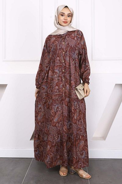 İmajButik Burgundy Half Button Skirt Layered Patterned Dress