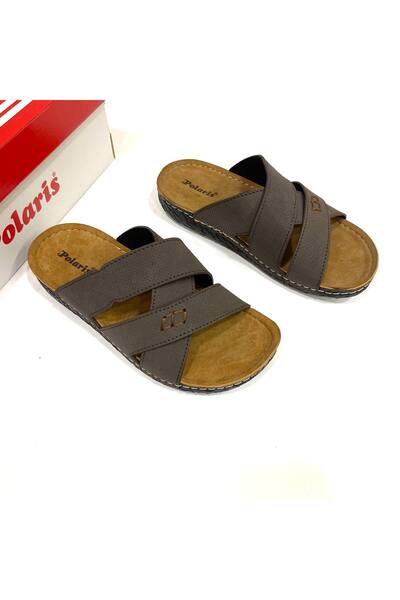 Polaris Yeni Sezon Orijinal Rahat Ortopedi Dikişli Taban Kahverengi Erkek Terlik