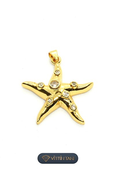 Çelik Deniz Yıldızı Figürlü Altın Renk Zirkon Kolye Ucu