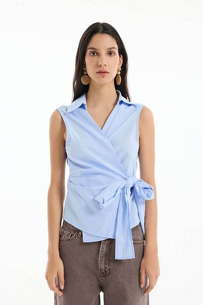 Quzu Blue Women's Blouse with Tie Detail on the Front Blz00538