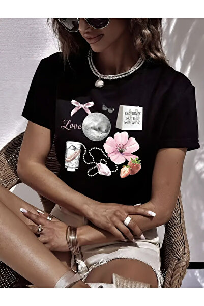 FUFLUNS تي شيرت برقبة دائرية كبيرة الحجم مطبوع عليه زهور من قماش ديسكو