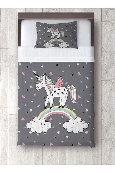 yok yok evim eve dair her şey Gray Unicorn Patterned Single Pique and Pillowcase Bedspread Set