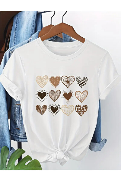 FUFLUNS تي شيرت برقبة دائرية كبيرة الحجم مطبوع عليه نمط قلب