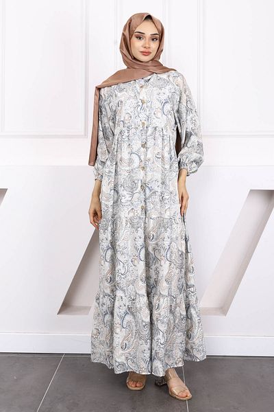 İmajButik Κρεμ Φόρεμα με μισό κουμπί με μοτίβο