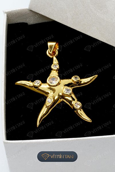 Çelik Deniz Yıldızı Figürlü Altın Renk Zirkon Kolye Ucu