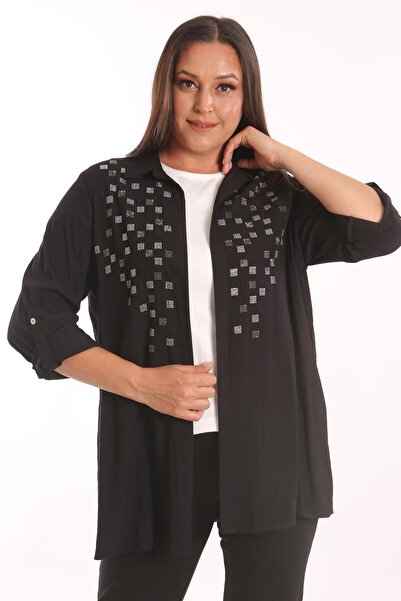 SERTUĞ Tren42plus Великий розмір Сорочка з квадратним принтом Чорний комплект з двох предметів