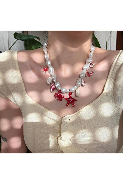 Alice İsstanbul İncili Murano Cam Yengeç&Deniz Yıldızı Charmlı Kolye