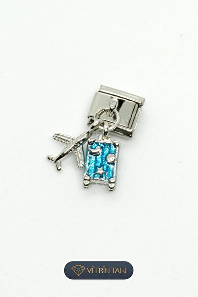 Çelik Uçak ve Valiz Figürlü Gümüş Renk İtalyan Bileklik Charm