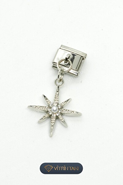 Çelik Kuzey Yıldızı Figürlü Gümüş Renk İtalyan Bileklik Charm