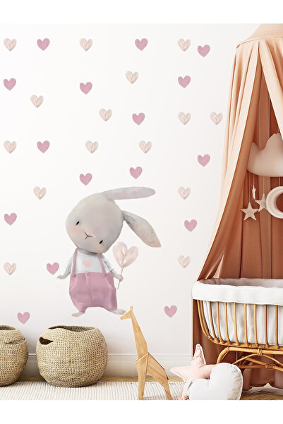 aiki Sulu Boya, Pembe Pantolonlu, Kalp Desenli Sevimli Tavşan, 50 x 100 cm