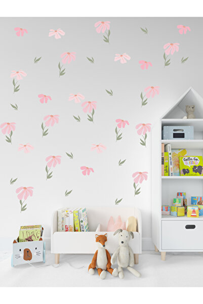 aiki Soft Pembe Çiçek ve Yapraklar, Bebek Çocuk Odası, Duvar Sticker, 50 x 10...