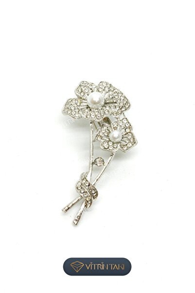 Çelik Çiçek Figürlü Gümüş Renk Broş