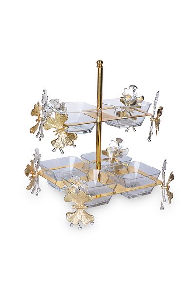 Vadi 2 Tier Metal Snack Bowl with 8 Glass Bowls Gold Color Luxury Presentation Bowl Sugar Bowl Jam Bowl Breakfast Bowl