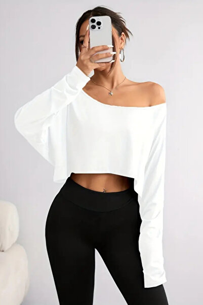 COOL TARZ White Women's Off Shoulder Boat Neck Oversize Long Sleeve Crop T-Shirt