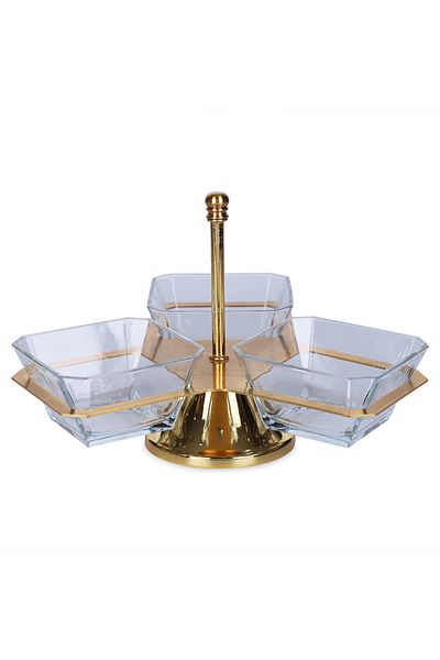 Vadi Riva Metal Body 3-Compartment Pedestal Gold Color Presentation Glass Bowl Snack Bowl Jam Bowl Breakfast Bowl