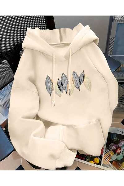 caddekombin Palmiye Yaprağı Baskılı Kapüşonlu Cepli Pamuklu Bej Sweatshirt