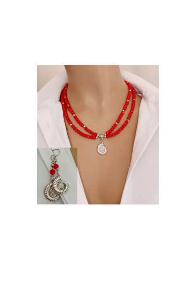 shop Kırmızı Kristal 2 Sıralı Salyangoz Detaylı Kolye ve Küpe Seti