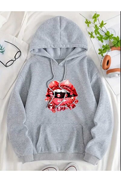 caddekombin Diamond Lip Printed Hooded Pocket Cotton Gray Sweatshirt