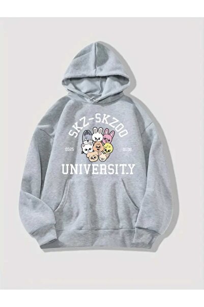 caddekombin Sk-Zoo University Printed Hooded Pocket Cotton Gray Sweatshirt