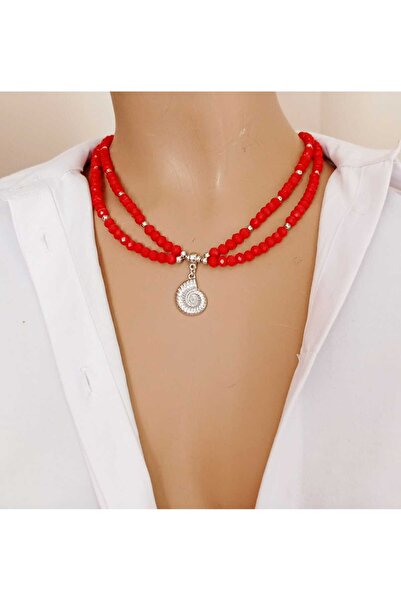 shop Kırmızı Kristal 2 Sıralı Salyangoz Detaylı Kolye ve Küpe Seti