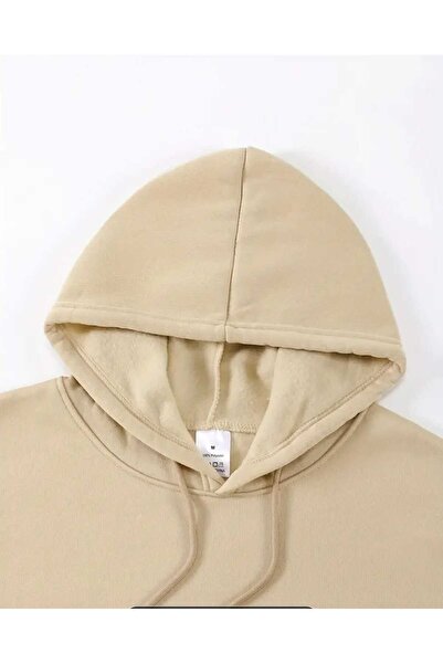 caddekombin Man Struggles Printed Hooded Beige Sweatshirt with Pocket and Wool Inside