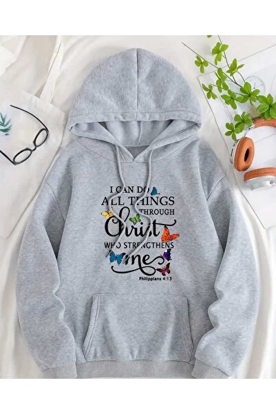 caddekombin Christ Me Printed Hooded Pocket Wool Inside Gray Sweatshirt