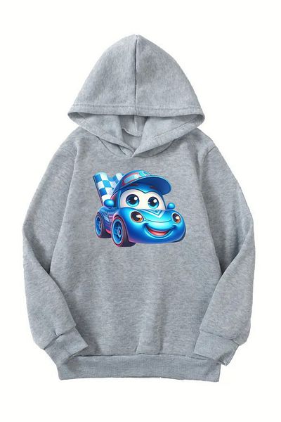 CLAYES Unisex γκρι παιδικό φούτερ με κουκούλα – Μισό καρότσι με στάμπα, χοντρό ύφασμα