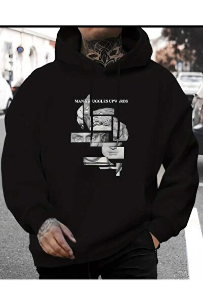 caddekombin Man Struggles Printed Hooded Pocket Inside Wool Black Sweatshirt