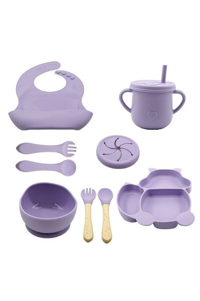 Dali Set accesorii diversificare bebelusi, farfurie/bol cu ventuza, cana cu pai sau pentru gustari, bavet