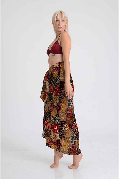 DESENİX Ethnic Patchwork Patterned Red Mustard Black Beach Dress |   100X145Cm |   Chiffon & Luxury Satin