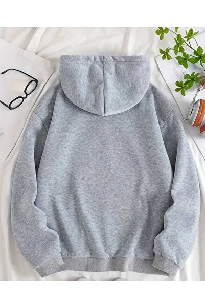 caddekombin Maracuja Printed Hooded Pocket Wool Inside Gray Sweatshirt