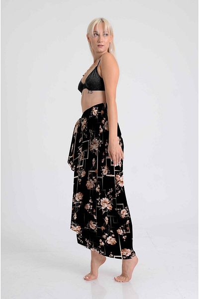 DESENİX Geometric Floral Print Stylish Beach Dress with Black Background |   100X145Cm |   Chiffon & Luxury Satin