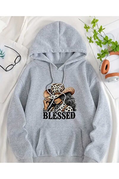 caddekombin Blessed Cowboy Girl Printed Lapel Pocket Wool Inside Gray Sweatshirt