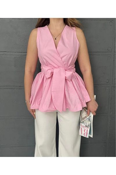 sportiness V-Neck Belted Ruffled Trendy Tericotton Fabric Blouse