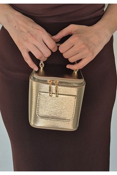 İzel Çakran Women's Gold Mini Box Bag - Day & Night Hand & Shoulder Bag