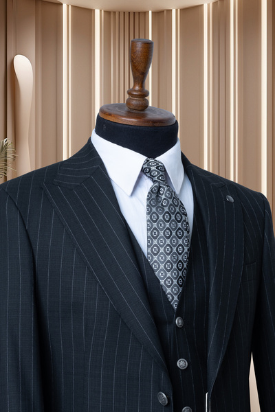 Costumen Slim Fit Siyah Çizgili Yelekli Takım Elbise